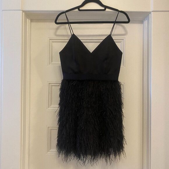 Alice + Olivia Black Milany Spaghetti Strap Ostrich Feather Party Dress - Picture 5 of 13